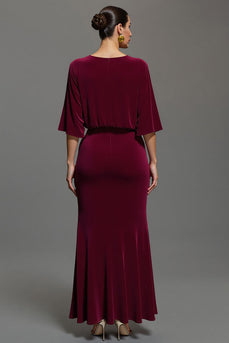 Burgundy V-Neck Velvet Long Holiday Party Dress with Sleeves