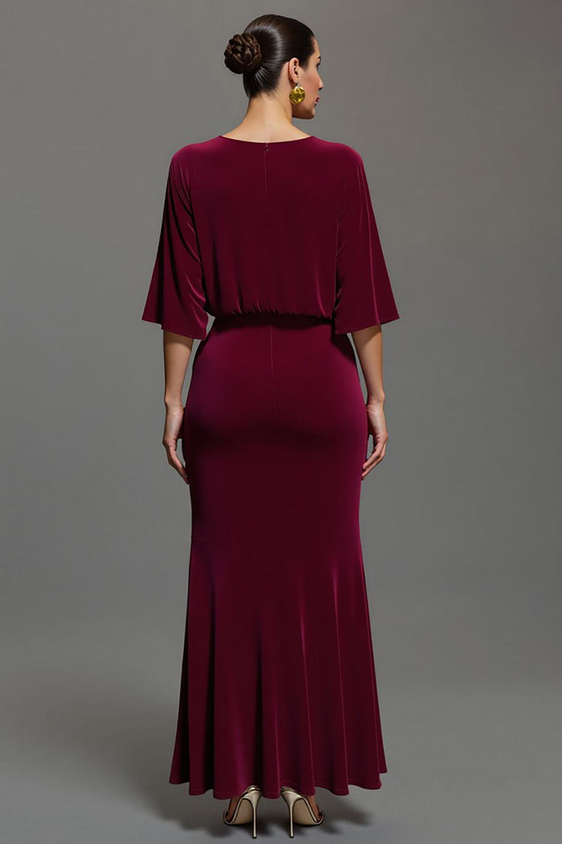 Load image into Gallery viewer, Burgundy V-Neck Velvet Long Holiday Party Dress with Sleeves