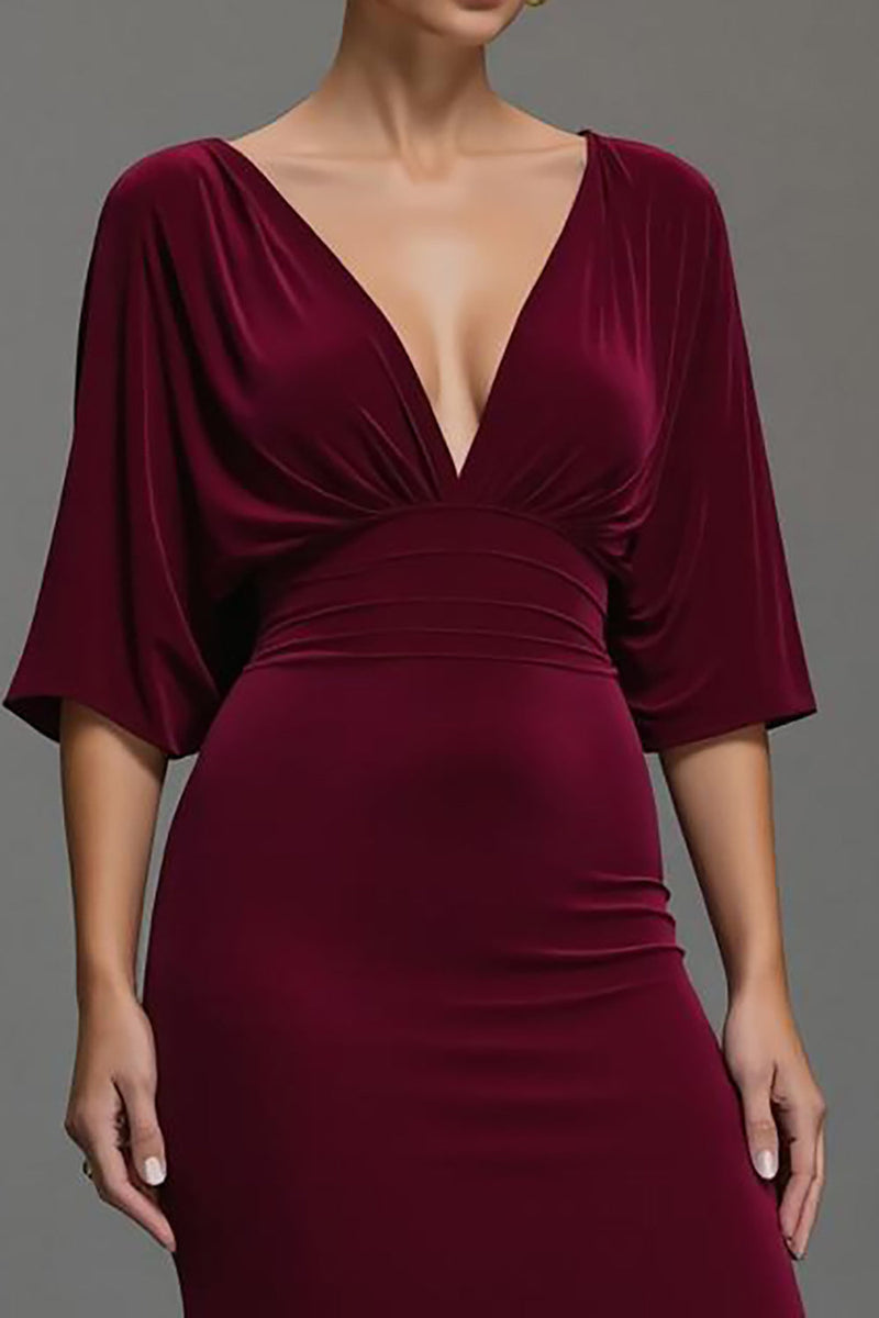 Load image into Gallery viewer, Burgundy V-Neck Velvet Long Holiday Party Dress with Sleeves