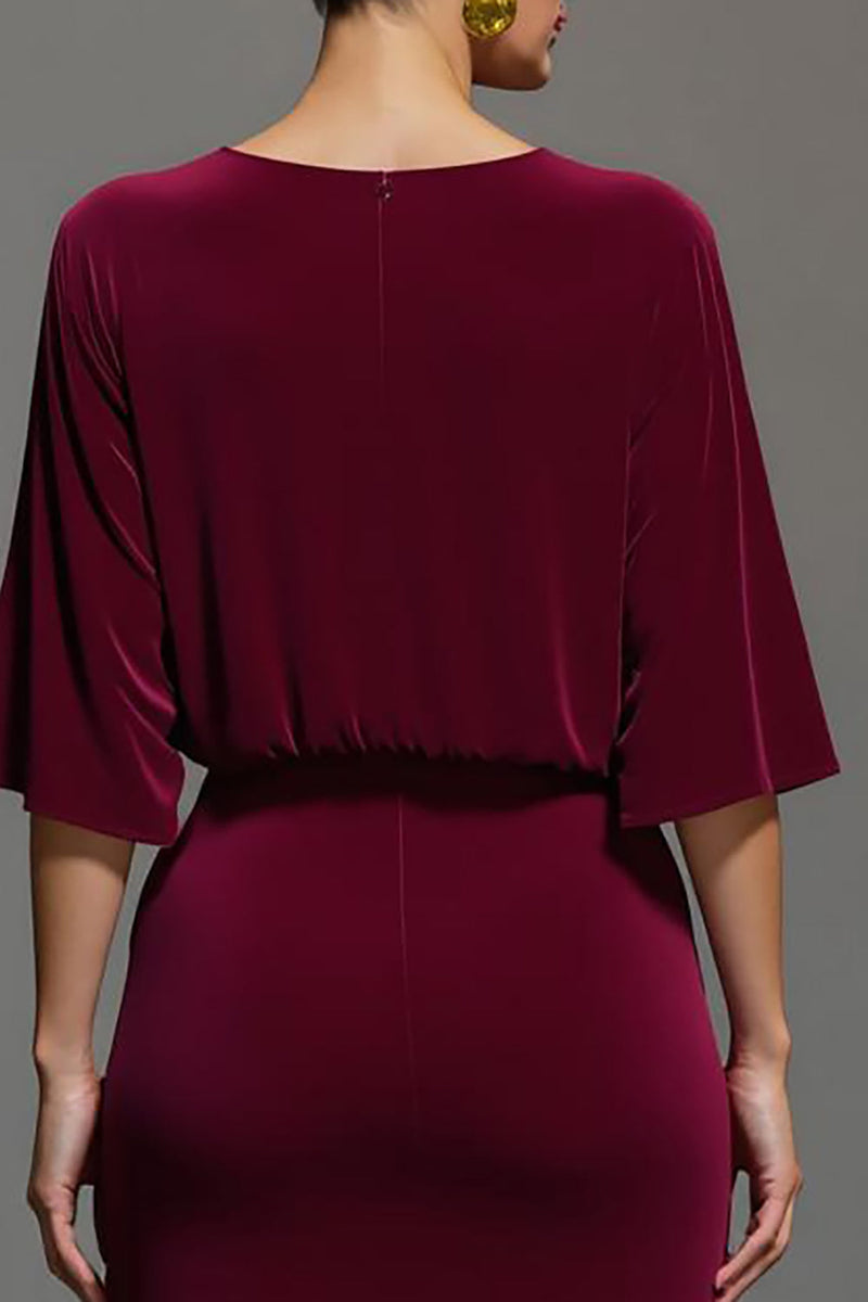 Load image into Gallery viewer, Burgundy V-Neck Velvet Long Holiday Party Dress with Sleeves