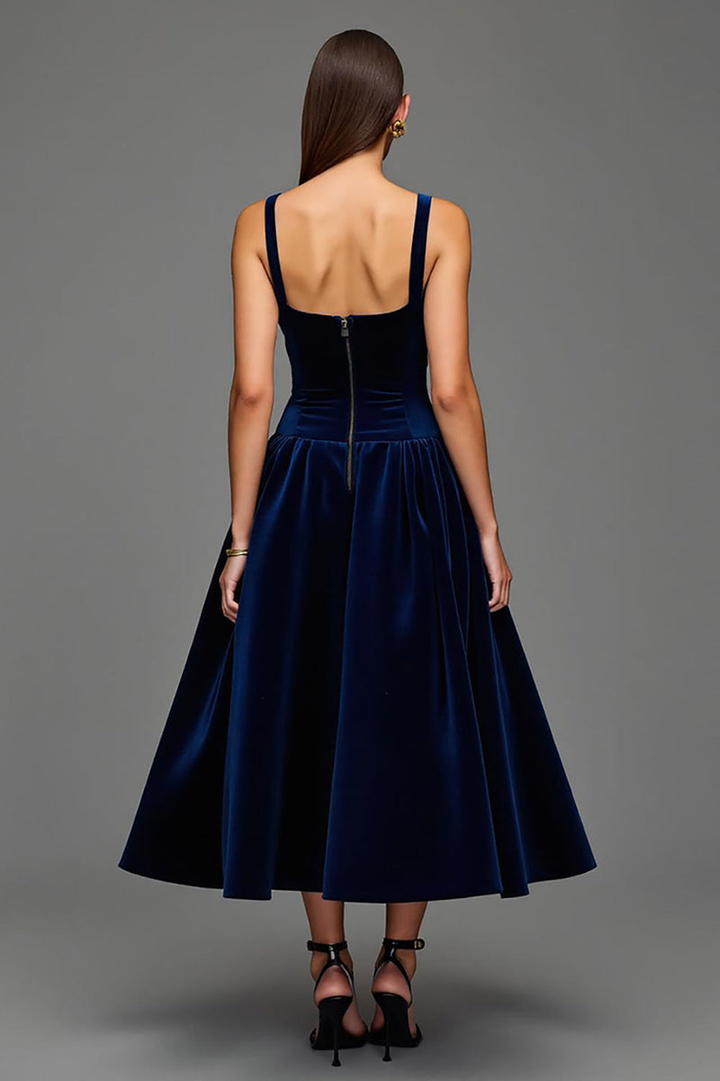 Load image into Gallery viewer, Navy A Line Square Neck Velvet Long Holiday Party Dress