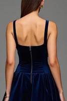 Load image into Gallery viewer, Navy A Line Square Neck Velvet Long Holiday Party Dress