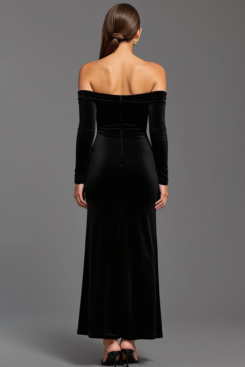 Load image into Gallery viewer, Black Velvet Sheath Off the Shoulder Long Holiday Party Dress