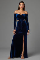 Load image into Gallery viewer, Navy Velvet Off the Shoulder Long Holiday Party Dress with Slit