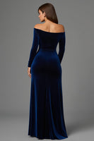 Load image into Gallery viewer, Navy Velvet Off the Shoulder Long Holiday Party Dress with Slit