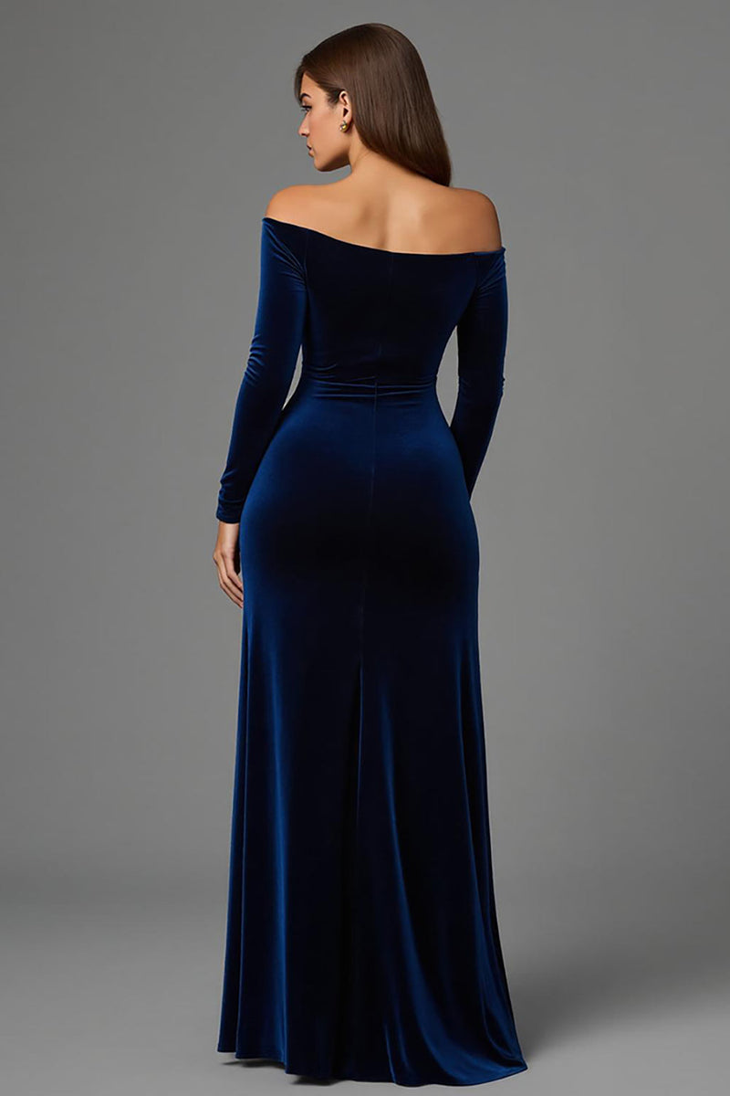Load image into Gallery viewer, Navy Velvet Off the Shoulder Long Holiday Party Dress with Slit
