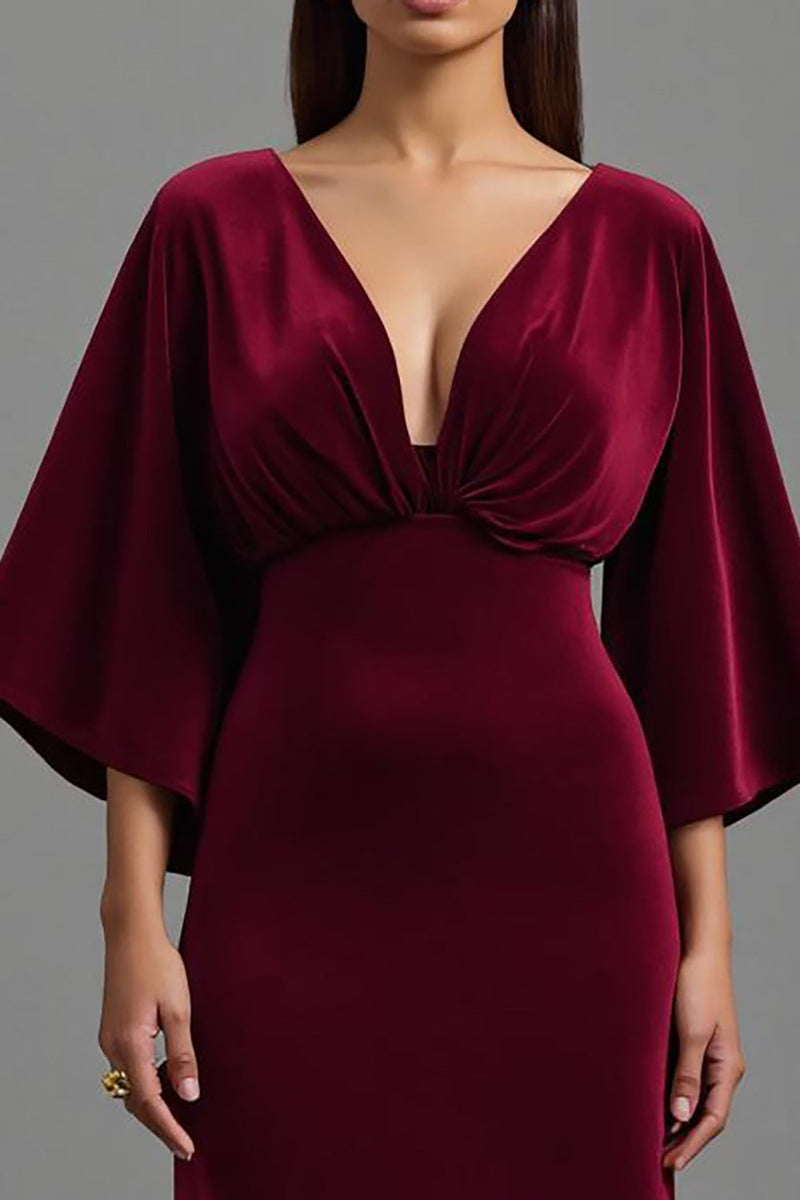 Load image into Gallery viewer, Burgundy V-Neck Sheath Velvet Long Holiday Party Dress with Sleeves
