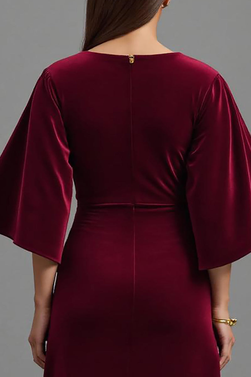 Load image into Gallery viewer, Burgundy V-Neck Sheath Velvet Long Holiday Party Dress with Sleeves
