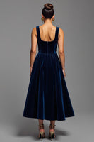 Load image into Gallery viewer, Navy A Line Velvet Square Neck Long Holiday Party Dress