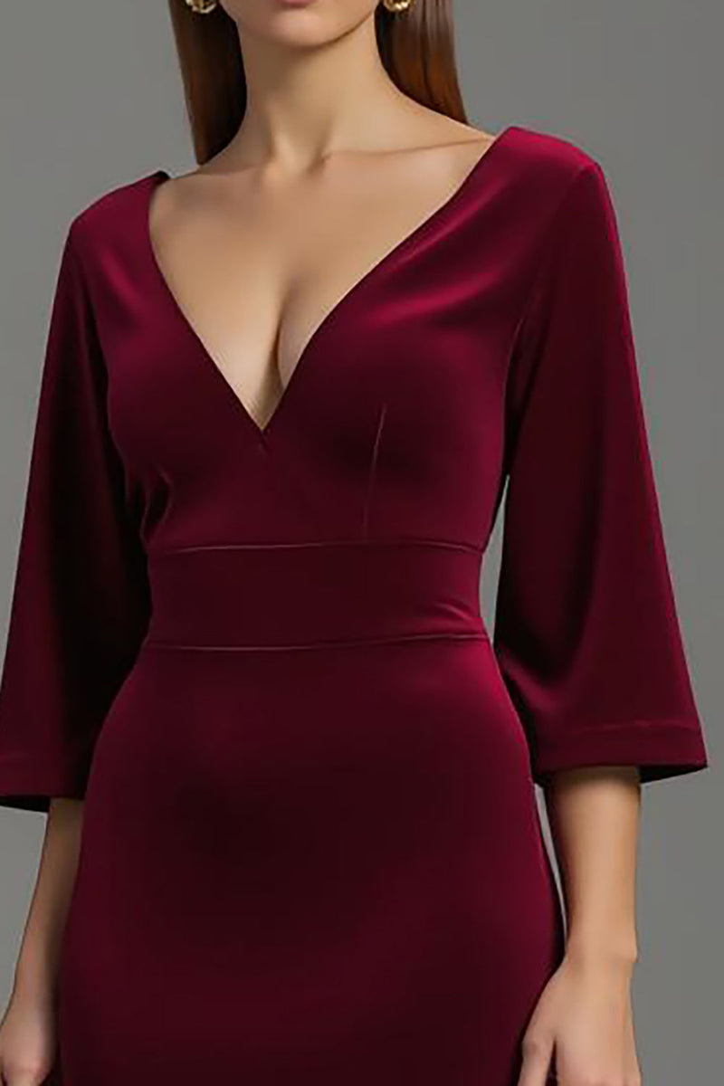 Load image into Gallery viewer, Burgundy V-Neck Velvet Half Sleeves Long Holiday Party Dress