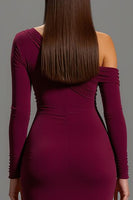 Load image into Gallery viewer, Burgundy Satin One Shoulder Long Sleeves Formal Dress