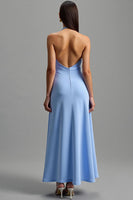 Load image into Gallery viewer, Blue Halter Backless Satin Long Formal Dress
