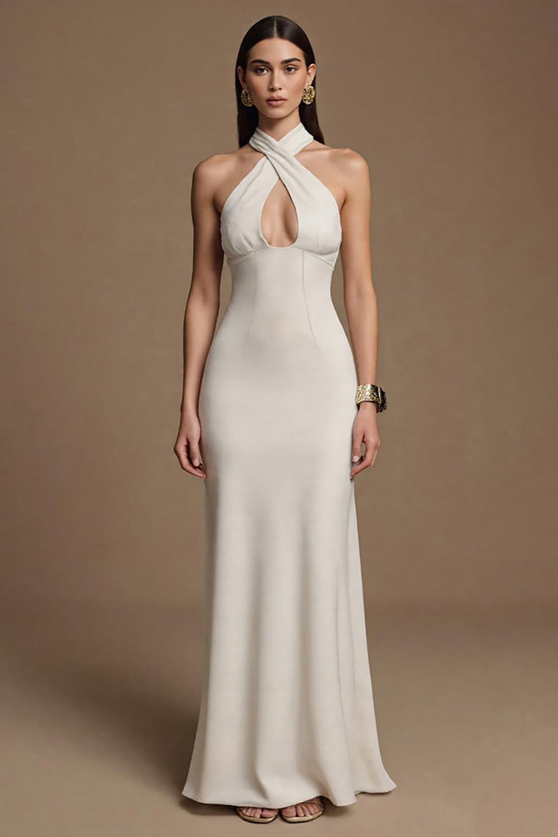 Load image into Gallery viewer, Ivory Keyhole Halter Long Satin Formal Dress