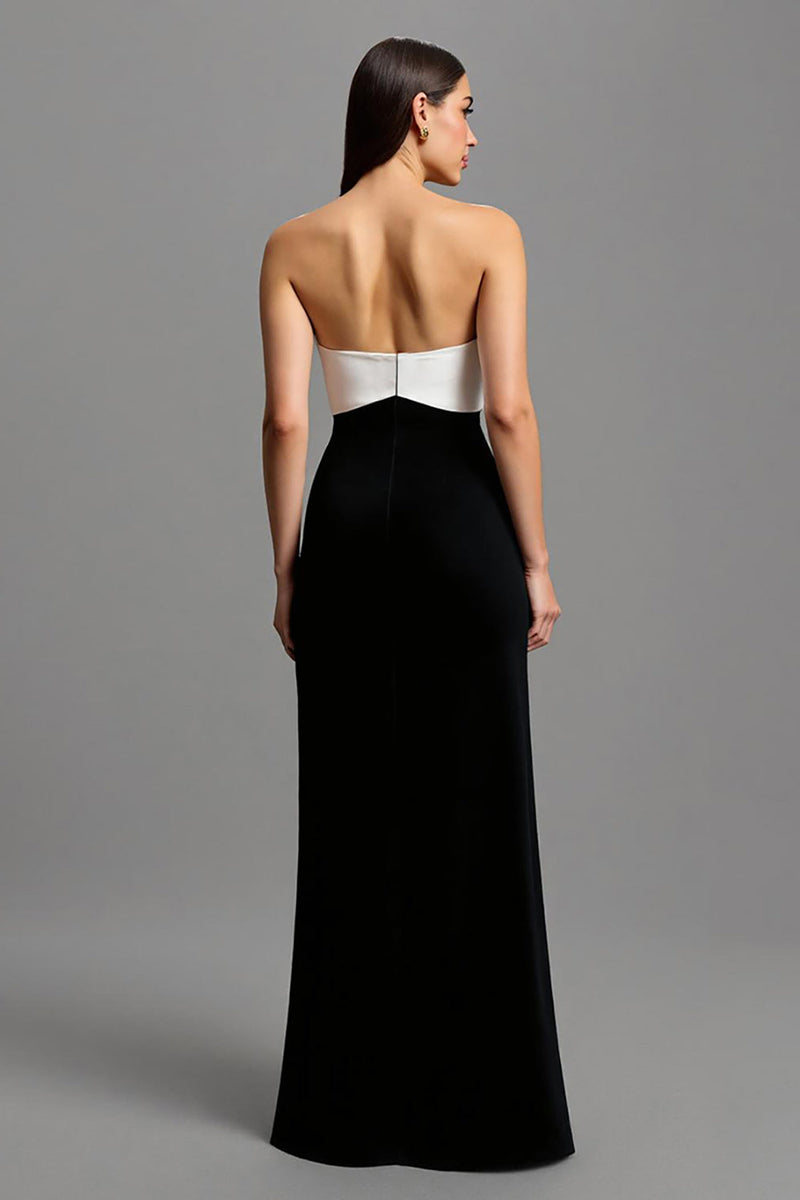 Load image into Gallery viewer, Black and White Long Strapless Satin Formal Dress with Bows