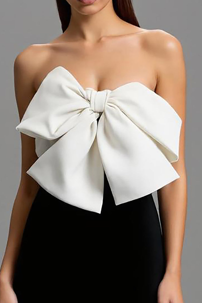 Load image into Gallery viewer, Black and White Long Strapless Satin Formal Dress with Bows