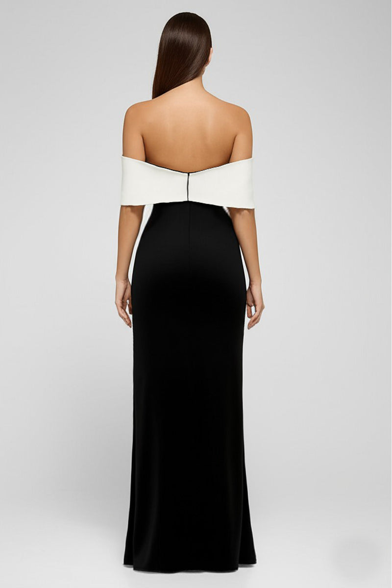 Load image into Gallery viewer, Black and White Off the Shoulder Satin Long Formal Dress