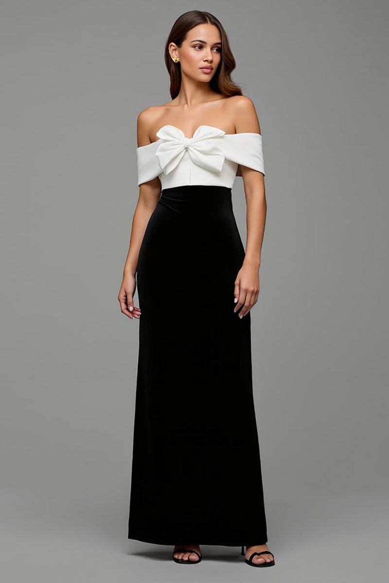 Load image into Gallery viewer, Black and White Satin Sheath Long Formal Dress with Bows
