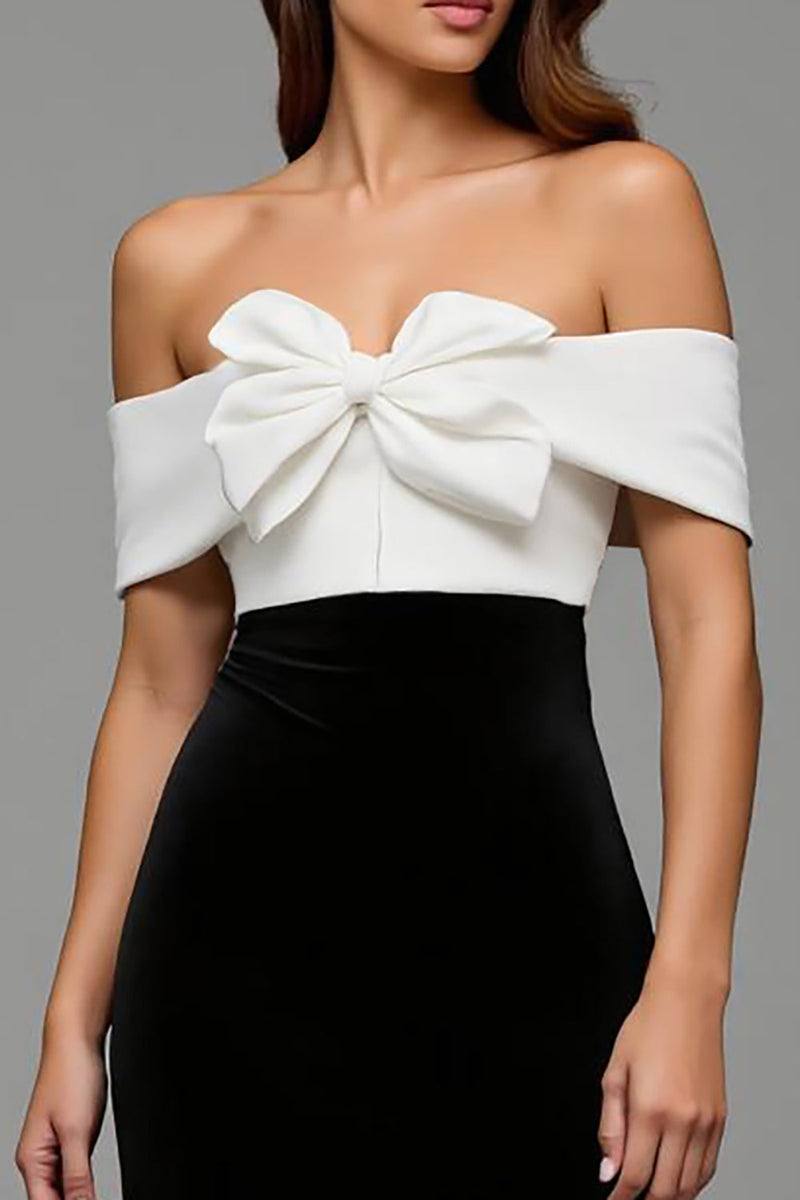Load image into Gallery viewer, Black and White Satin Sheath Long Formal Dress with Bows