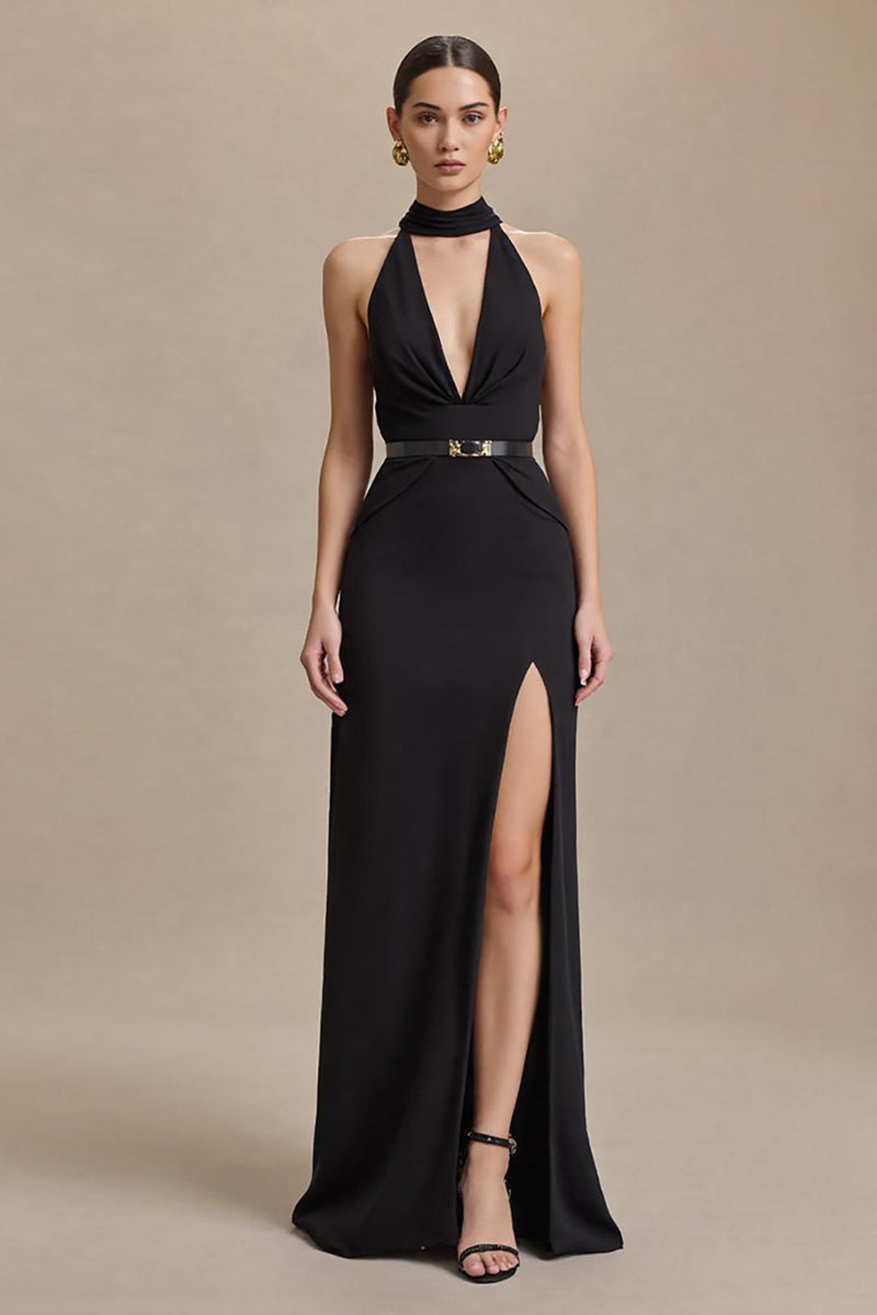Load image into Gallery viewer, Black Halter Stain Sheath Long Formal Dress with Slit