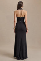 Load image into Gallery viewer, Black Halter Stain Sheath Long Formal Dress with Slit