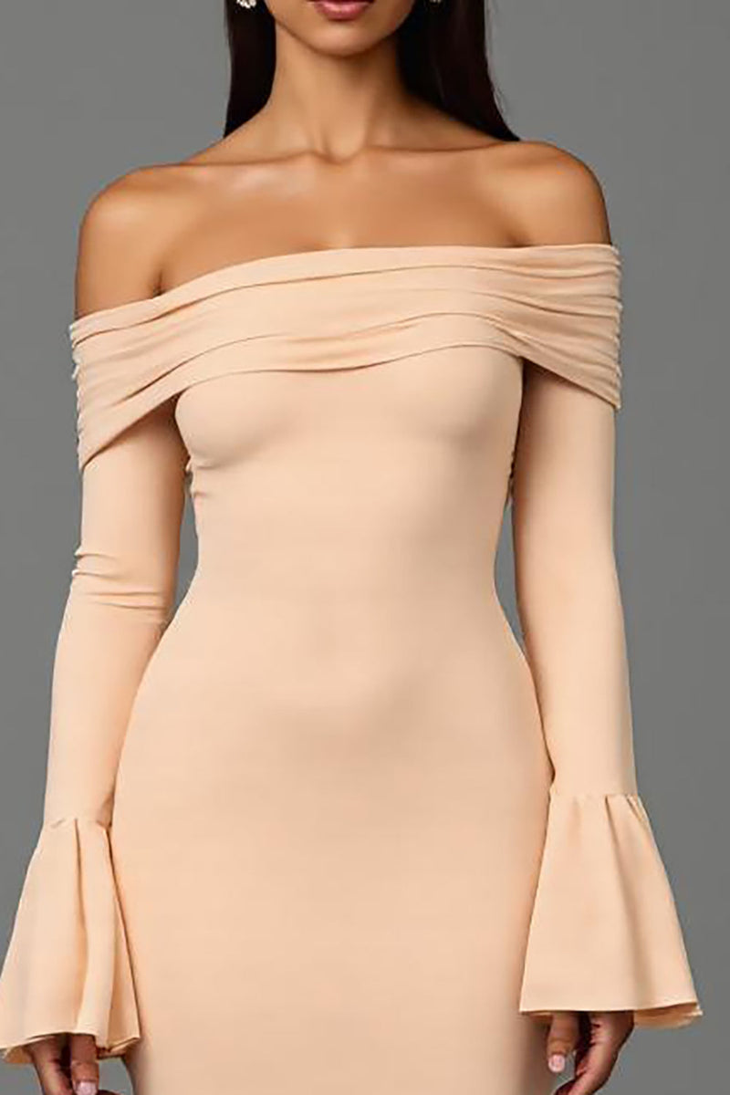 Load image into Gallery viewer, Apricot Off the Shoulder Sheath Long Sleeves Formal Dress