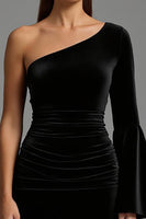 Load image into Gallery viewer, Black Ruched One Shoulder Velvet Long Holiday Party Dress