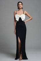Load image into Gallery viewer, Black and White Sheath Spaghetti Straps Bow Long Formal Dress with Slit