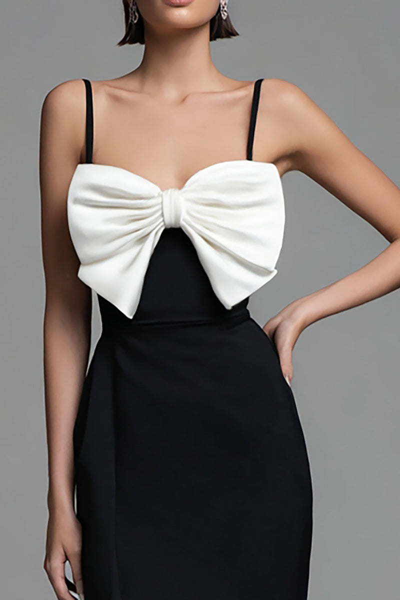 Load image into Gallery viewer, Black and White Sheath Spaghetti Straps Bow Long Formal Dress with Slit