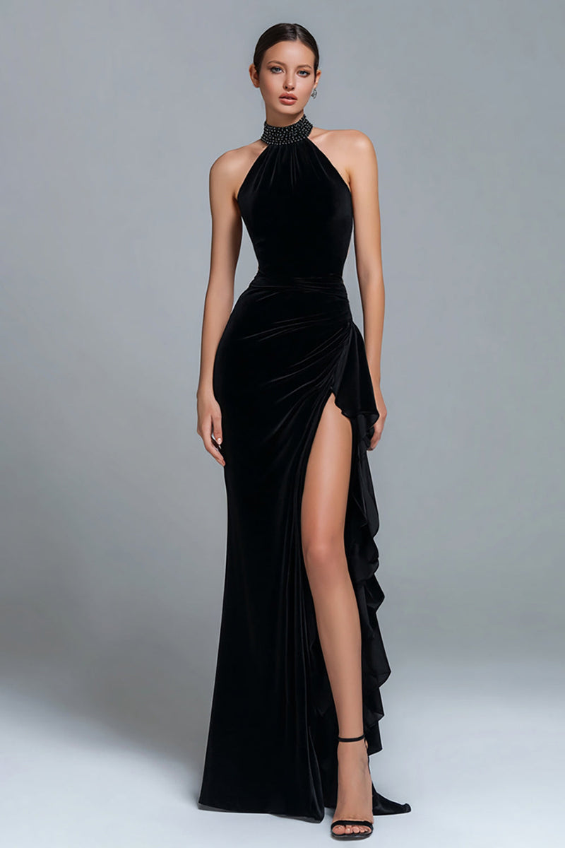 Load image into Gallery viewer, Simple Black Halter Beaded Sheath Long Holiday Party Dress with Slit
