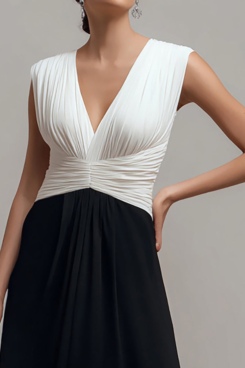 Load image into Gallery viewer, Chiffon Black and White Sheath V Neck Long Formal Dress
