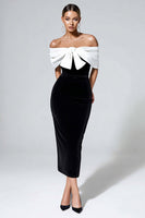 Load image into Gallery viewer, Black and White Velvet Bodycon Maxi Cocktail Dress with Bow