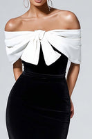 Load image into Gallery viewer, Black and White Velvet Bodycon Maxi Cocktail Dress with Bow