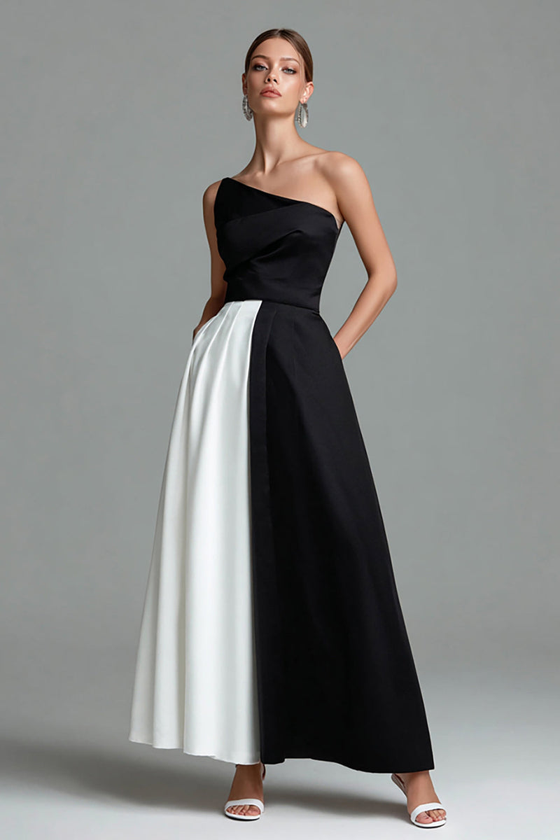 Load image into Gallery viewer, Black and White Patchwork Satin A Line Long Formal Dress