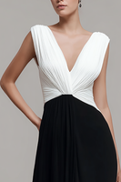Load image into Gallery viewer, Black and White Chiffon Ruched V Neck Long Formal Dress