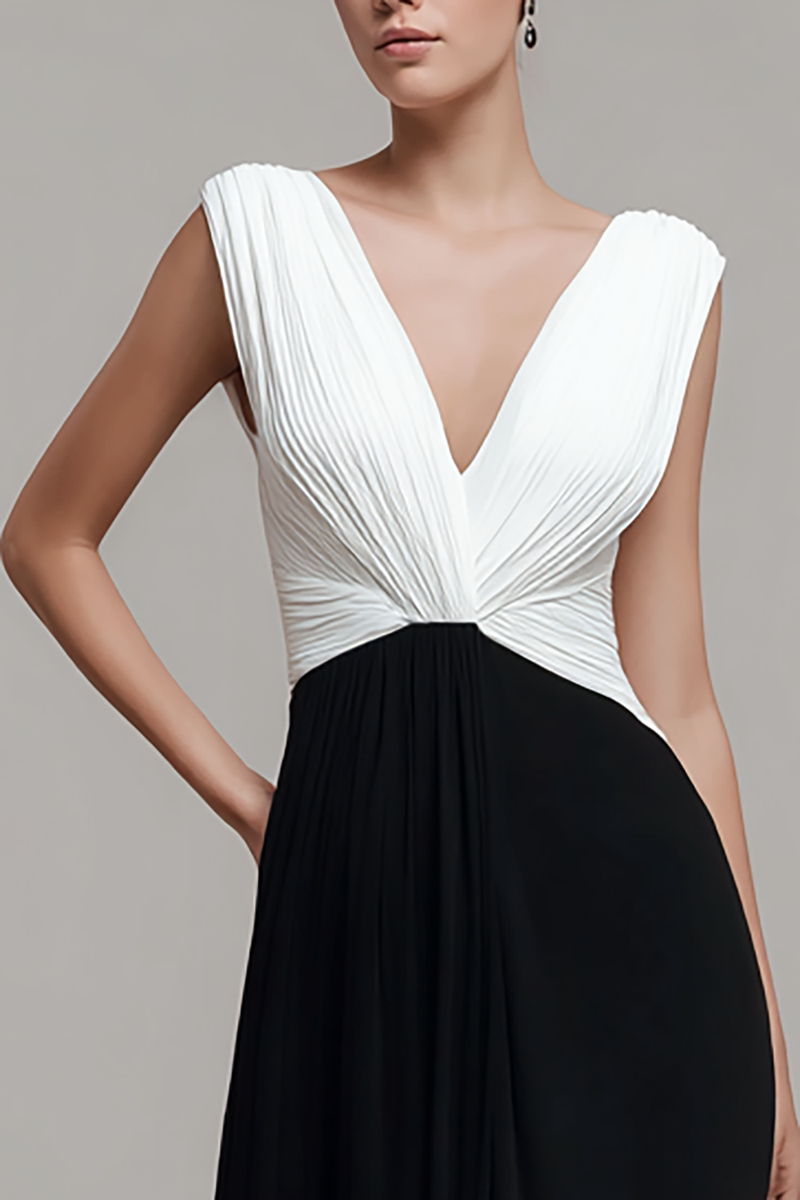 Load image into Gallery viewer, Black and White Chiffon Ruched V Neck Long Formal Dress