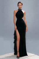 Load image into Gallery viewer, Sheath Cut Out Halter Long Black Tie Dress with Slit