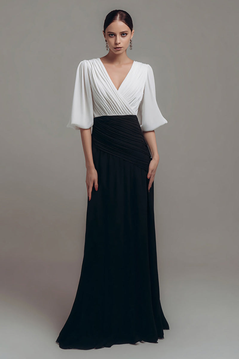 Load image into Gallery viewer, Chiffon Black and White Long Ruched Formal Dress with Sleeves