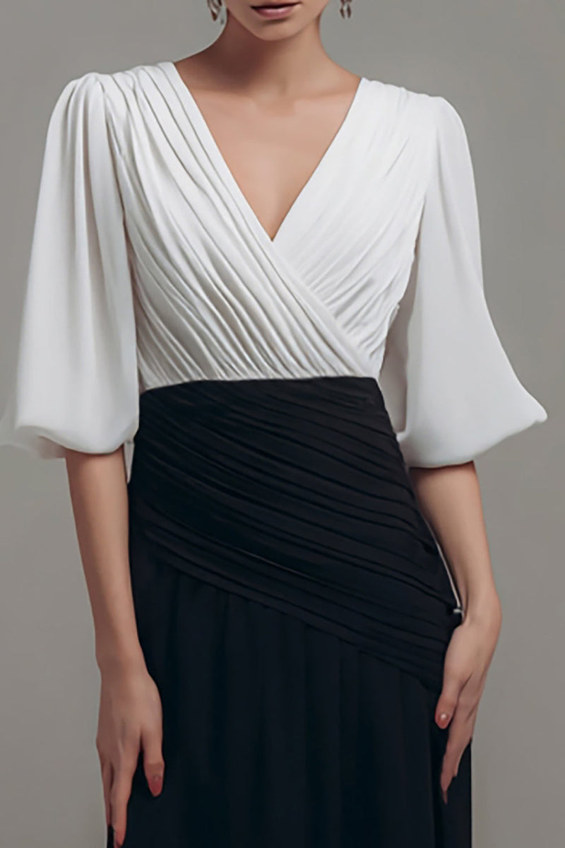 Load image into Gallery viewer, Chiffon Black and White Long Ruched Formal Dress with Sleeves