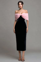 Load image into Gallery viewer, Black and Pink Strapless Velvet Bodycon Maxi Holiday Party Dress with Bow