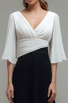 Black and White Ruched Chiffon Maxi Formal Dress with Sleeves