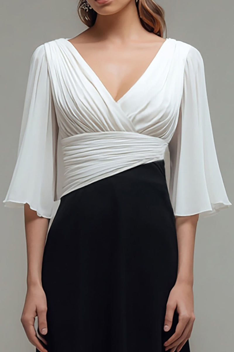Load image into Gallery viewer, Black and White Ruched Chiffon Maxi Formal Dress with Sleeves