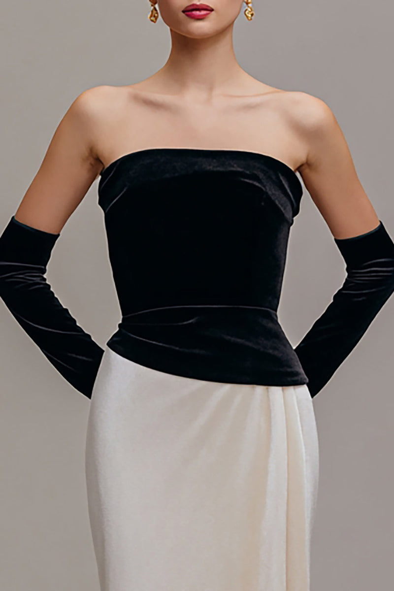 Load image into Gallery viewer, Black and Champagne Strapless Velvet Sheath Long Holiday Party Dress