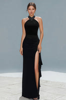 Load image into Gallery viewer, Black Sheath Halter Ruched Long Holiday Party Dress with Slit