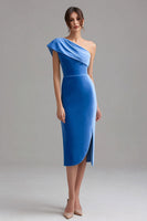 Load image into Gallery viewer, Blue One Shoulder Velvet Midi Bodycon Holiday Party Dress with Slit