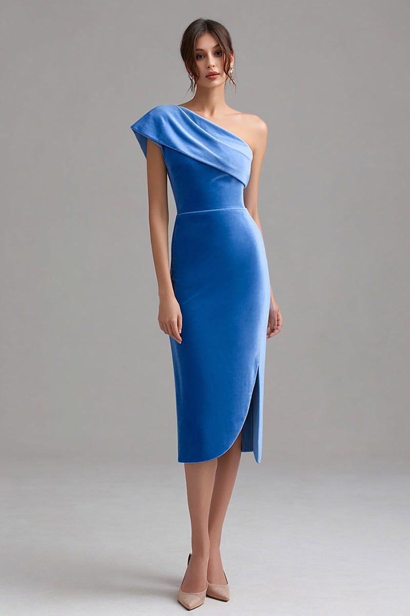 Load image into Gallery viewer, Blue One Shoulder Velvet Midi Bodycon Holiday Party Dress with Slit