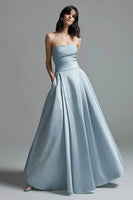 Load image into Gallery viewer, Sky Blue Satin Ruched Strapless A Line Long Formal Dress