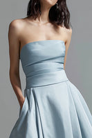 Load image into Gallery viewer, Sky Blue Satin Ruched Strapless A Line Long Formal Dress