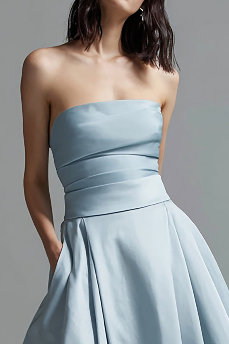 Load image into Gallery viewer, Sky Blue Satin Ruched Strapless A Line Long Formal Dress