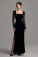 Load image into Gallery viewer, Black Velvet Sheath Long Sleeves Holiday Party Dress with Slit