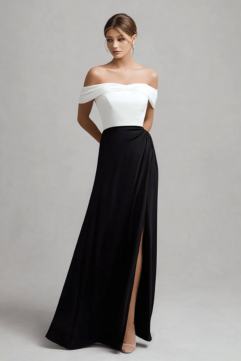 Load image into Gallery viewer, Black and White Off the Shoulder Satin Long Formal Dress with Slit